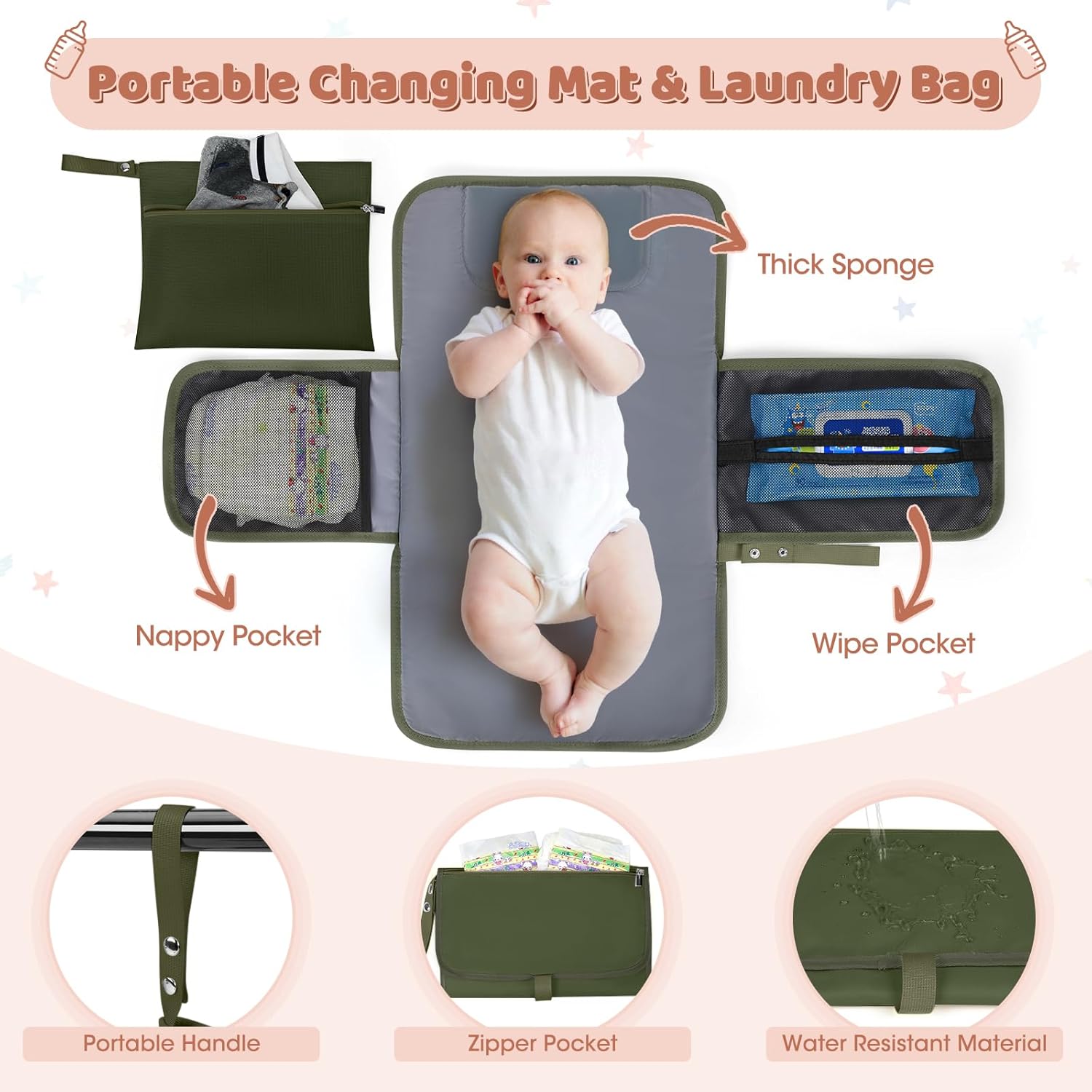 Thumbnail 2 de NEWHEY Baby Changing Bag Backpack with Portable Changing Mat – Waterproof Nappy Bag in Green