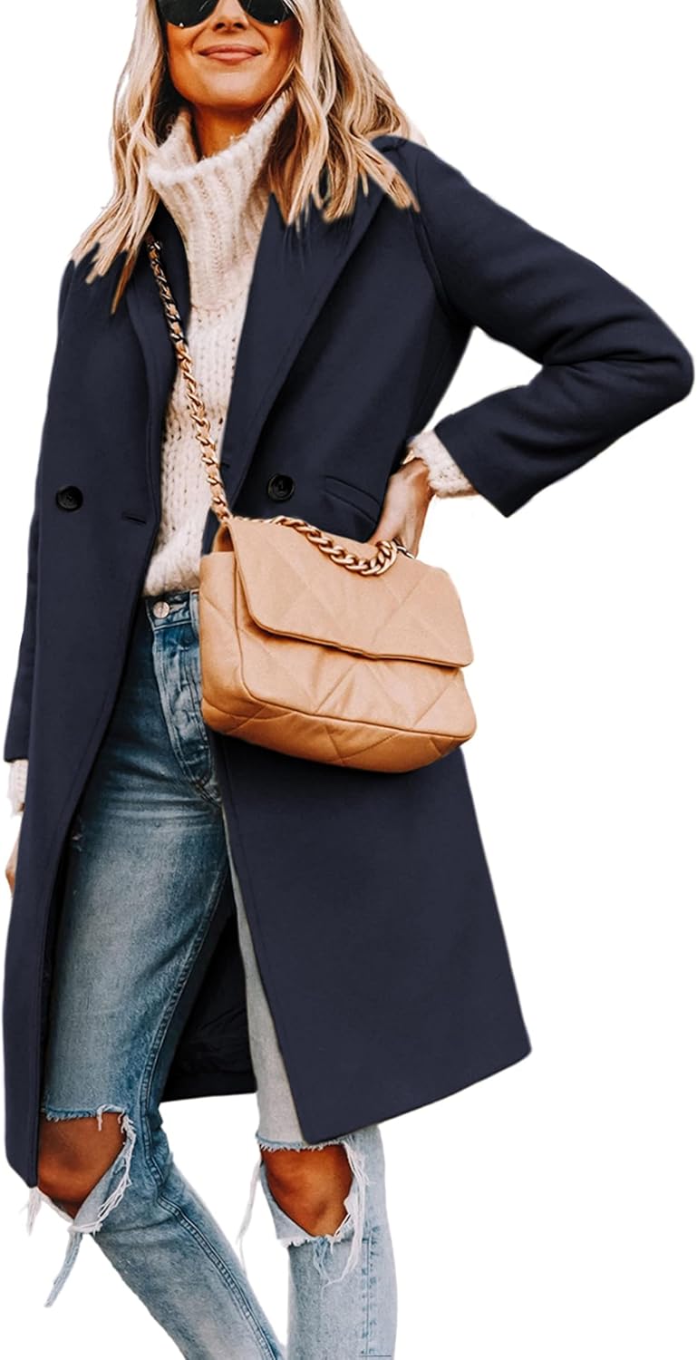 Detalle de Tanming Women's Notch Lapel Double-Breasted Wool-Blend Pea Trench Coat