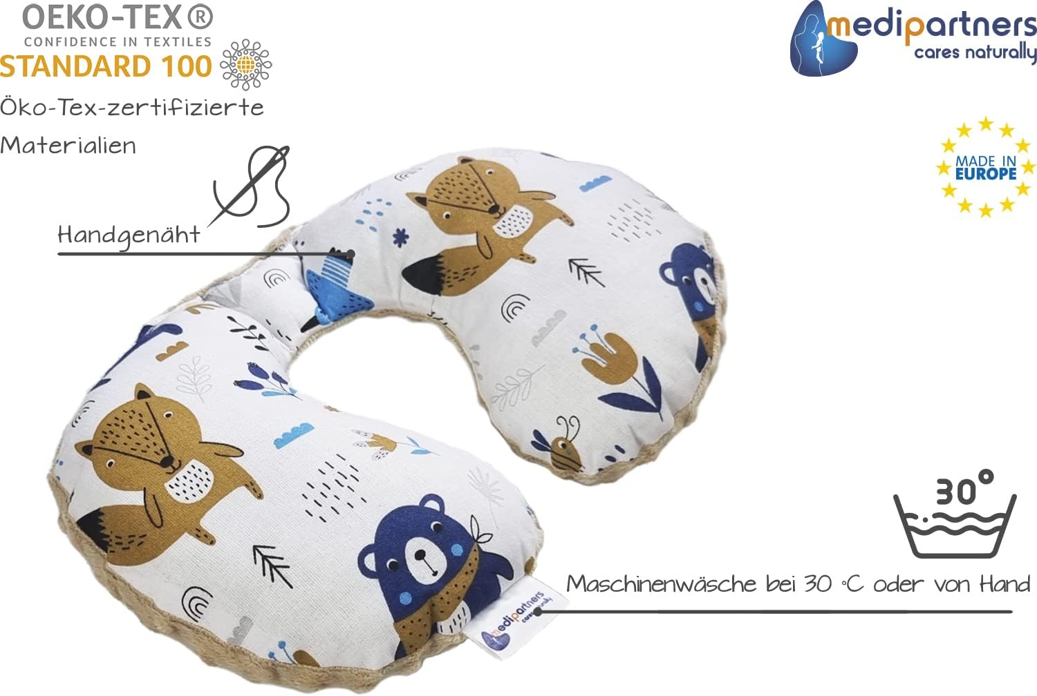 Thumbnail 3 de Medi Partners Kinder-Nackenkissen mit Nackenhörnchen (Boho Animals) – 100% Baumwolle/Minky für Auto & Flugzeug