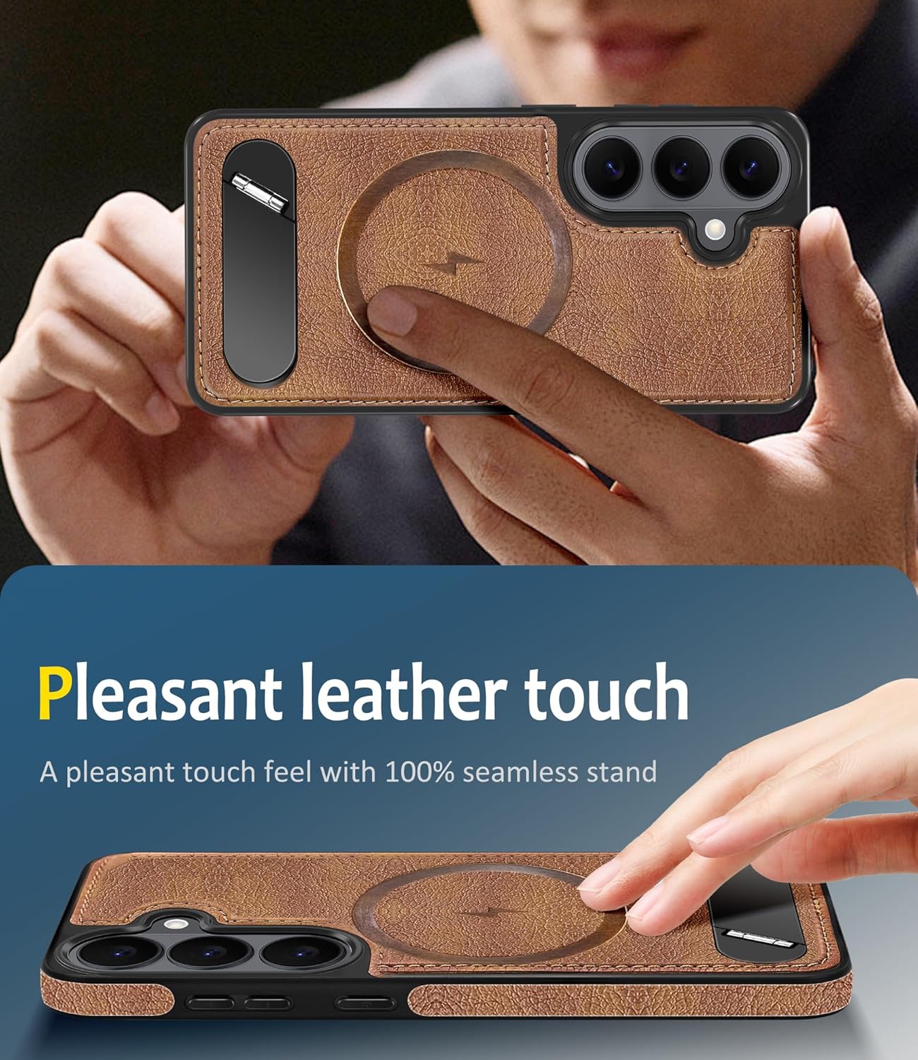 Thumbnail 4 de Fingic Galaxy S26 Case with Magnetic Compatibility, Leather Kickstand & Screen Protector (Brown, 6.3 inch)