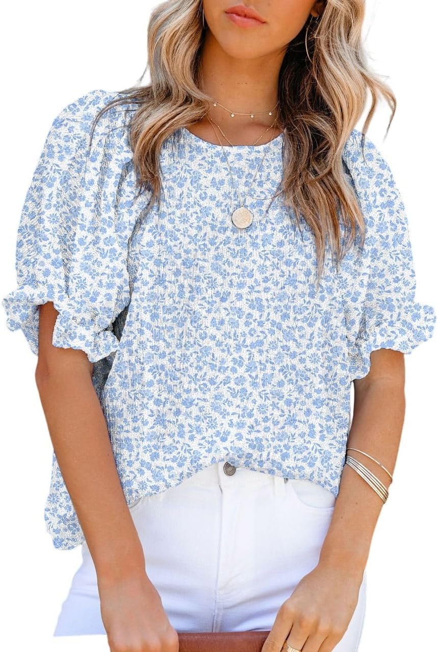 Detalle de Dokotoo Floral Print Blouses for Women – Crewneck Smocked Puff Sleeve Babydoll Top