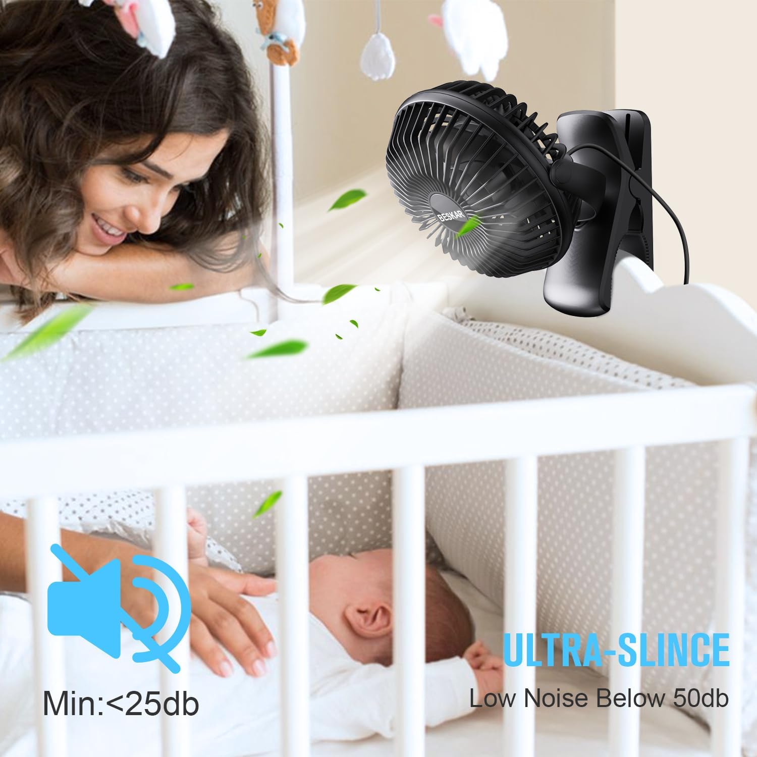 Detalle de BESKAR Small Clip on Fan: 3-Speed USB Clip & Desk Fan with Ultra-Quiet Airflow