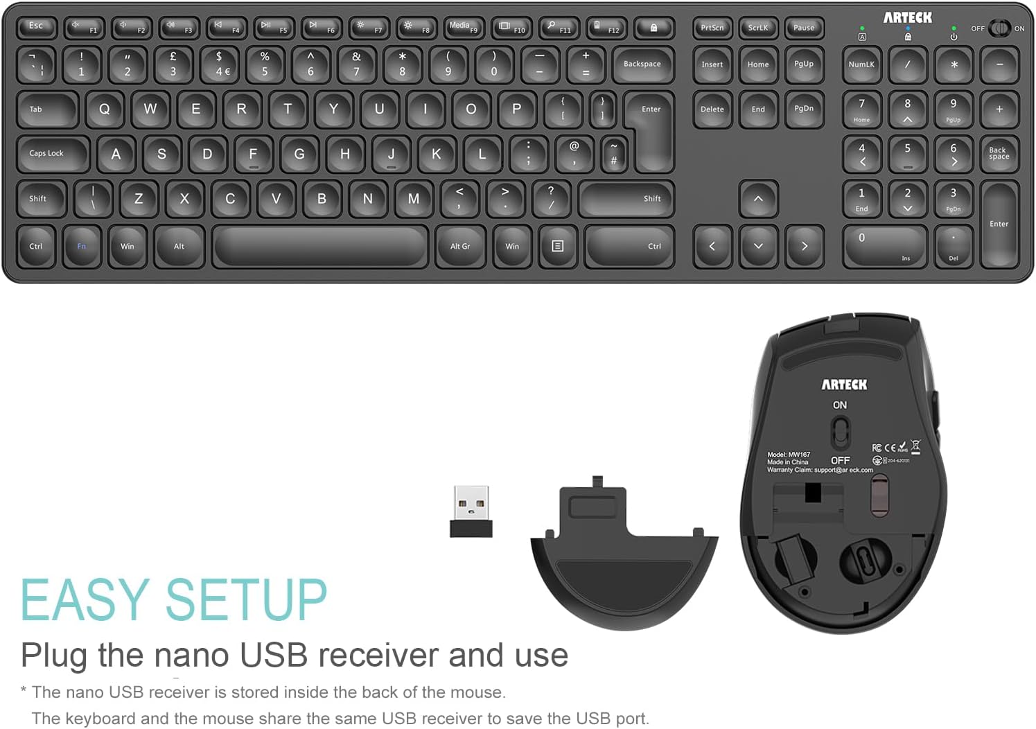 Thumbnail 3 de Arteck 2.4G Wireless Keyboard and Mouse Combo (Ultra Slim Full Size Keyboard + Ergonomic MW167 Mouse) with USB-C charging