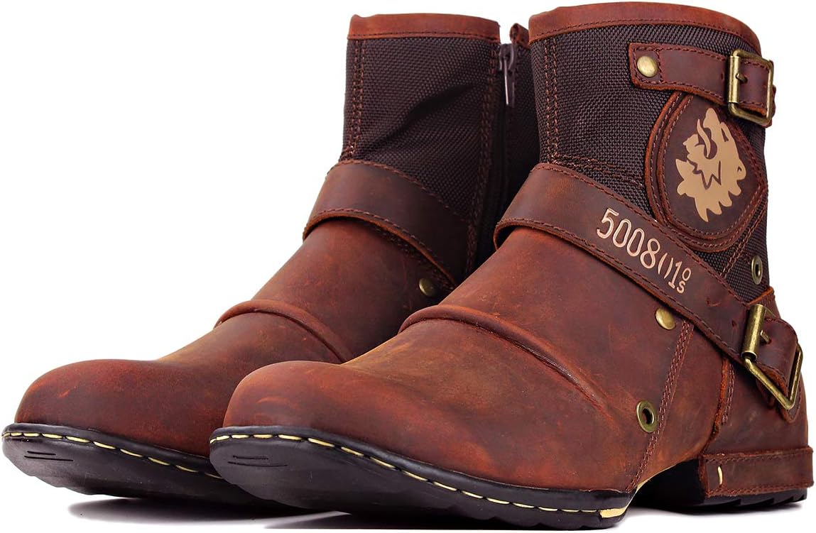 Detalle de OSSTONE Herren Leder Chukka-Stiefel OS-5008-1-NH-DE-R – Robuste Lederstiefel mit Reißverschluss und Gummisohle