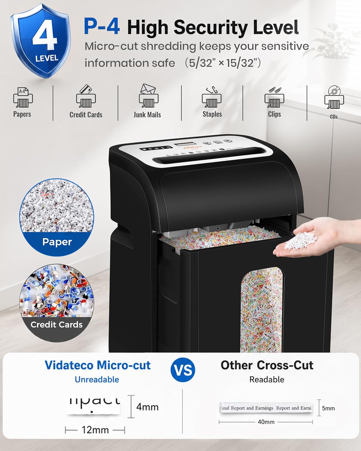 Thumbnail 3 de VidaTeco OS2502 14-Sheet Micro-Cut Paper Shredder, P-4, 60-Minute Runtime