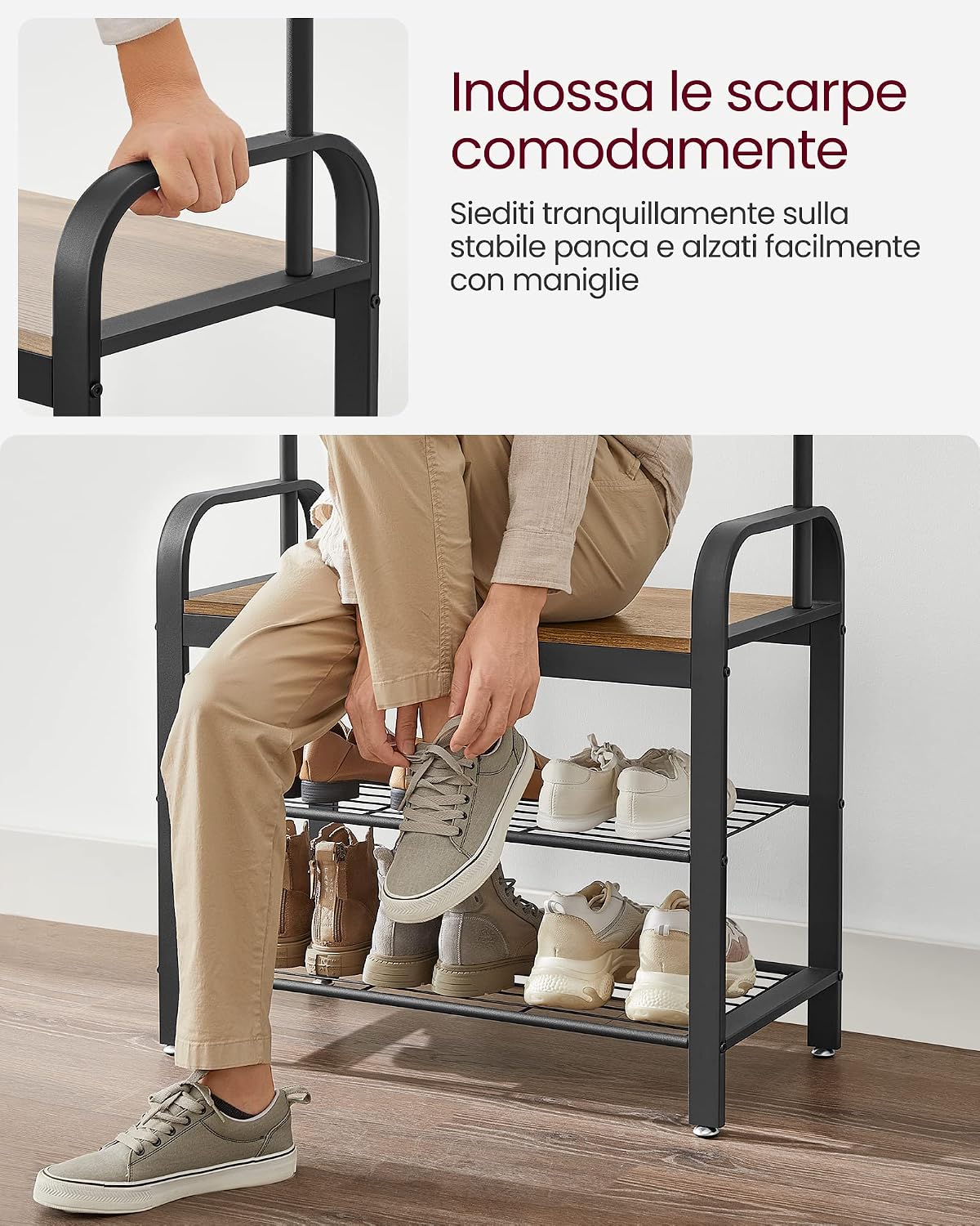 Detalle 2 de VASAGLE Appendiabiti con scarpiera e panca HSR040B41, 4 in 1 per ingresso con 9 ganci rimovibili
