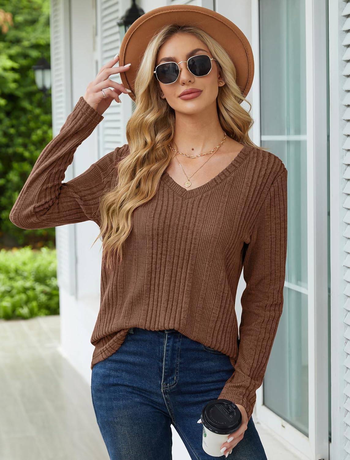 Thumbnail 2 de GLEENOD Damen Pullover mit V-Ausschnitt – leichtes Langarm-Sweatshirt aus Polyester-Spandex