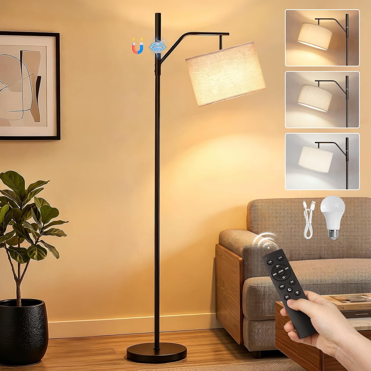 Detalle de TaoFiaCo 168CM Akku LED Stehlampe – kabellose Bogenlampe mit Fernbedienung, 3 Farbtemperaturen, dimmbar