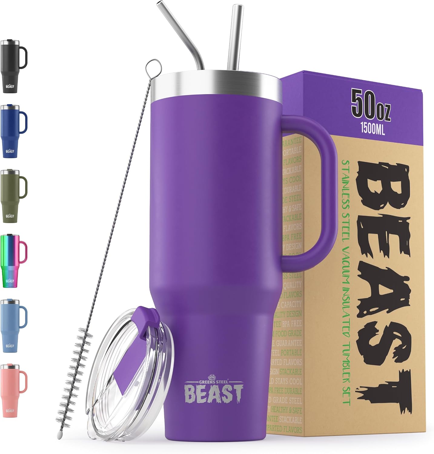 Detalle de Beast 50 oz Tumbler with Handle (Deep Purple) — Stainless Steel Vacuum Insulated Travel Cup with Lid