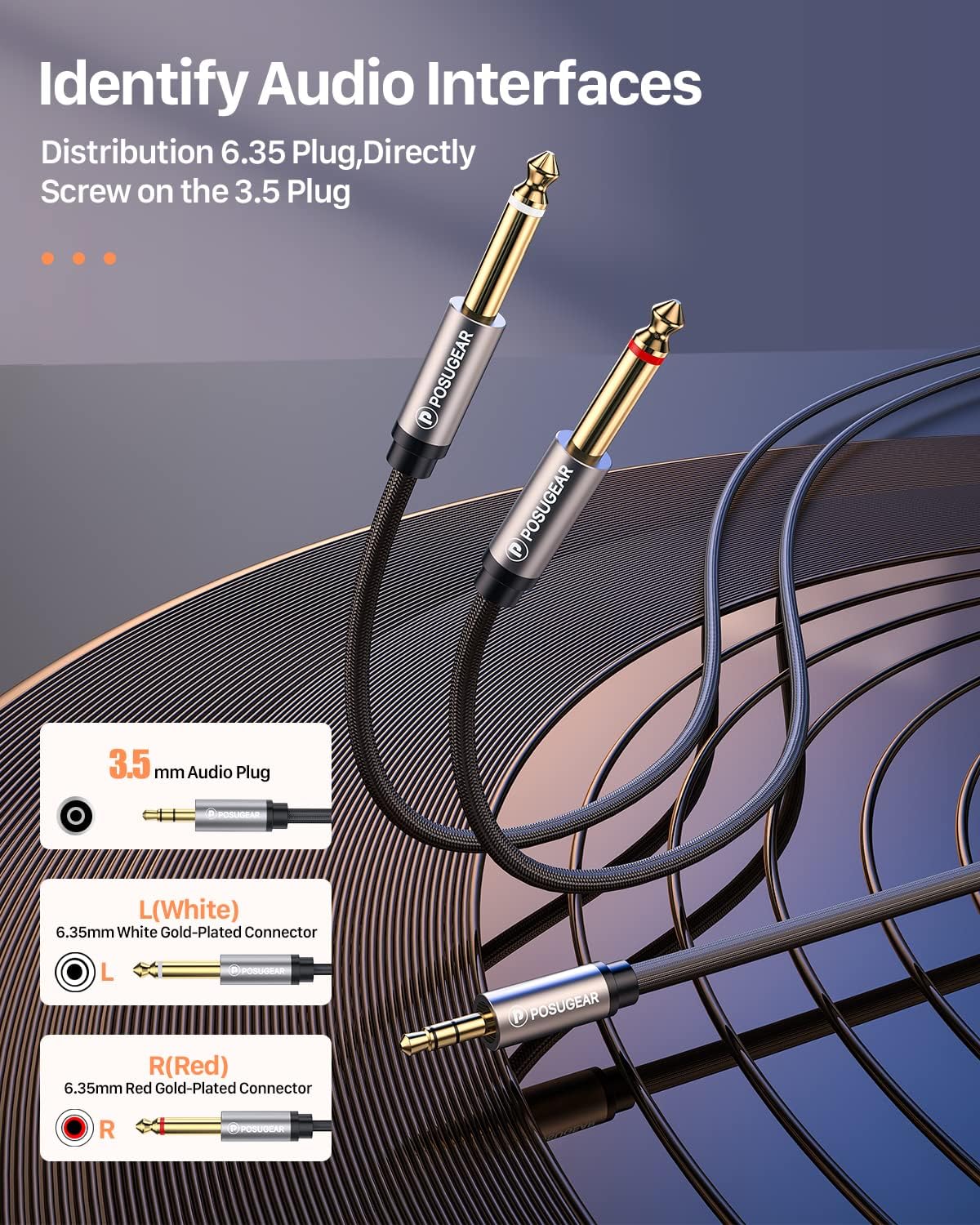 Detalle 2 de POSUGEAR 3.5mm auf Dual 6.35mm Mono Y Audio Kabel, 2 m – Nylon Geflecht, Goldkontakte