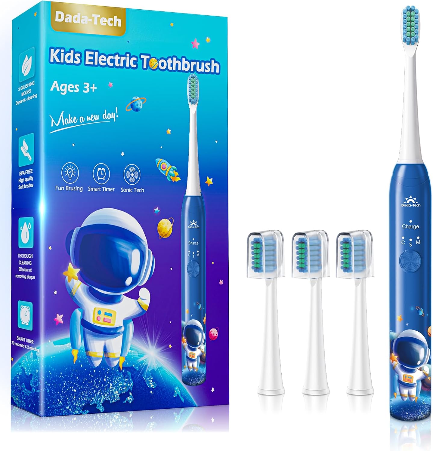 Detalle de Dada-Tech Kids Electric Toothbrush (Astronaut Blue) – Rechargeable, 3 Modes, 2-Min Timer & Stickers