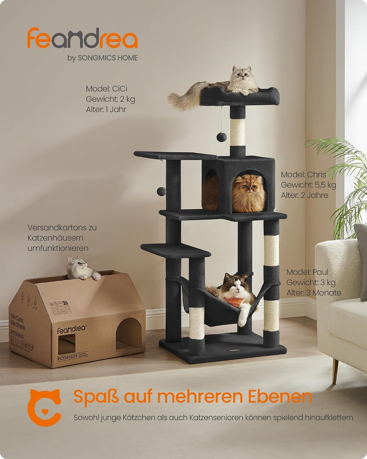 Detalle de Feandrea Kratzbaum, 143 cm hoch – vielseitiges Katzenhaus mit zwei Plattformen, Höhle und Hängematte