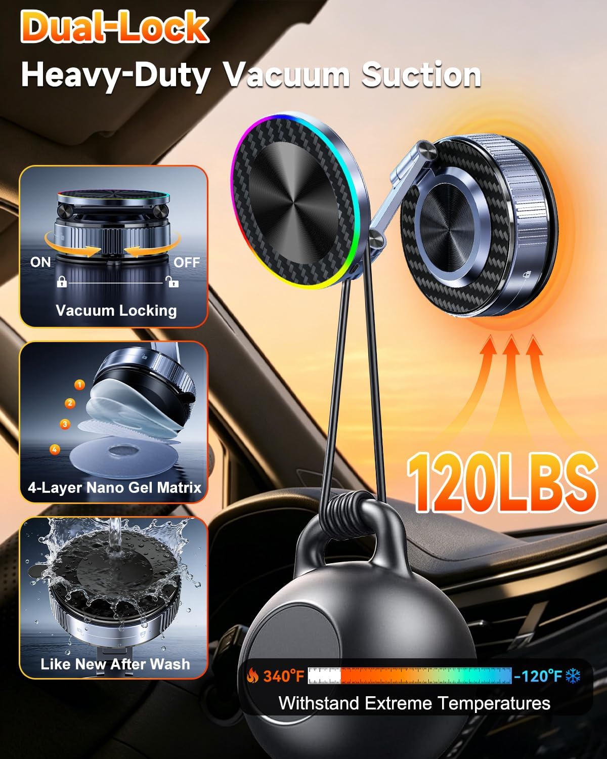 Thumbnail 4 de MagSafe Car Mount Charger: 15W Fast Wireless, 120LBS Ultra-Suction, 3800gf Magnetic Hold