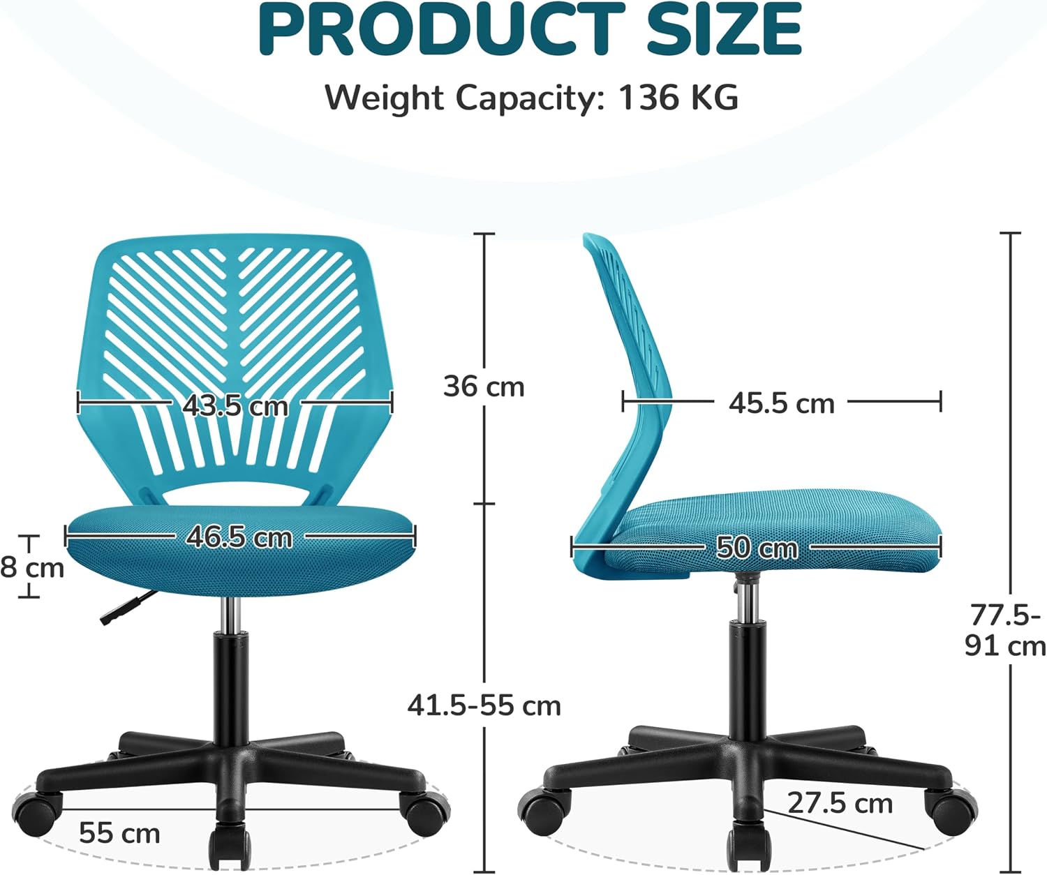 Thumbnail 2 de Yaheetech Sedia Ufficio Senza Braccioli con Ruote, Ergonomica e Regolabile, Turchese