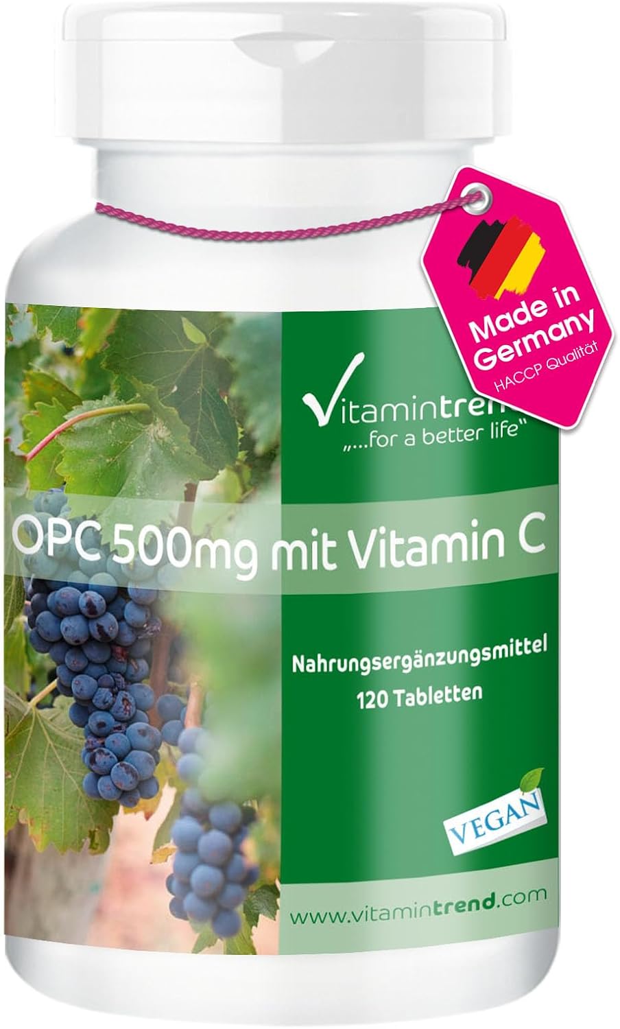 Detalle de Vitamintrend OPC 500 mg mit Vitamin C – Traubenkernextrakt, 120 Tabletten, vegan, hergestellt in Deutschland