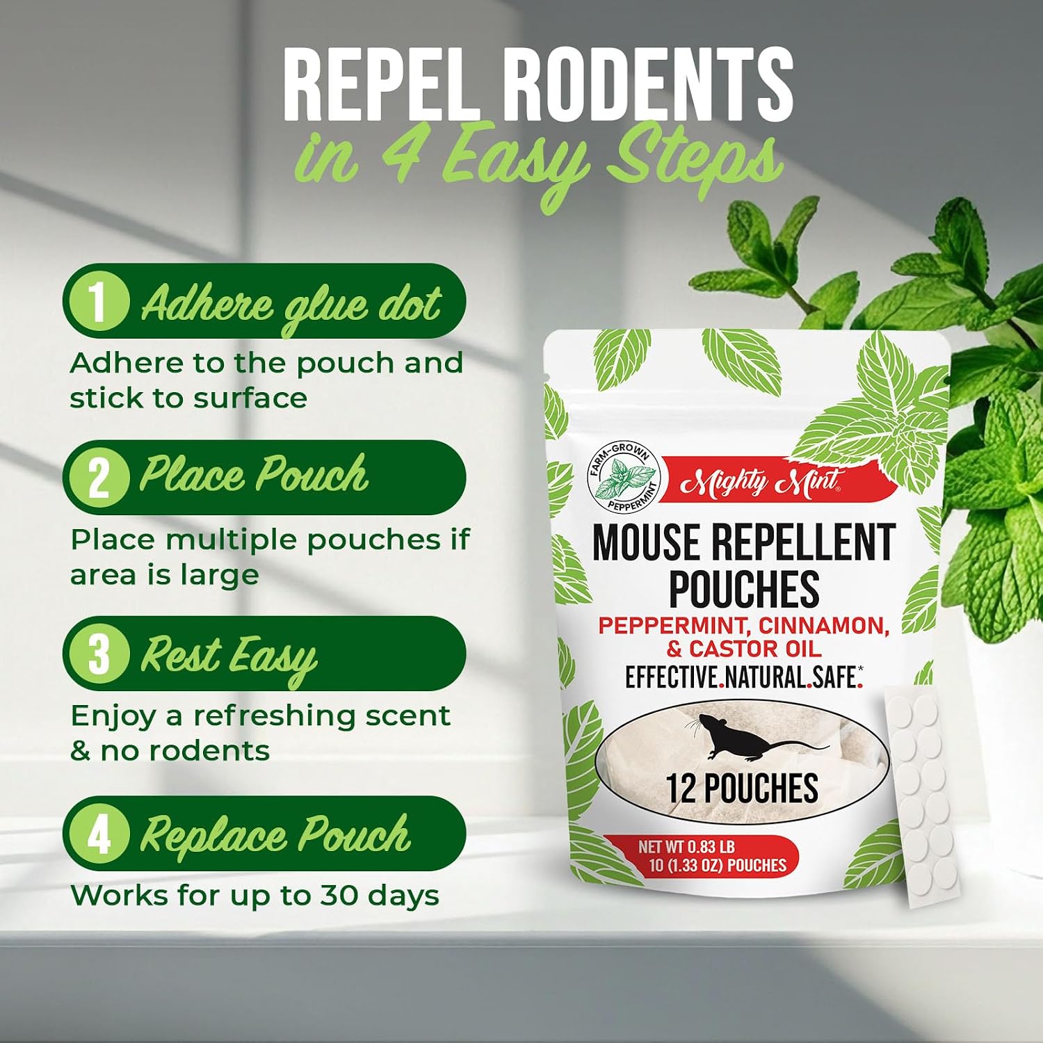 Detalle de Mighty Mint MP-012-MM Mouse Repellent Pouches, 12 Count with Glue Dots