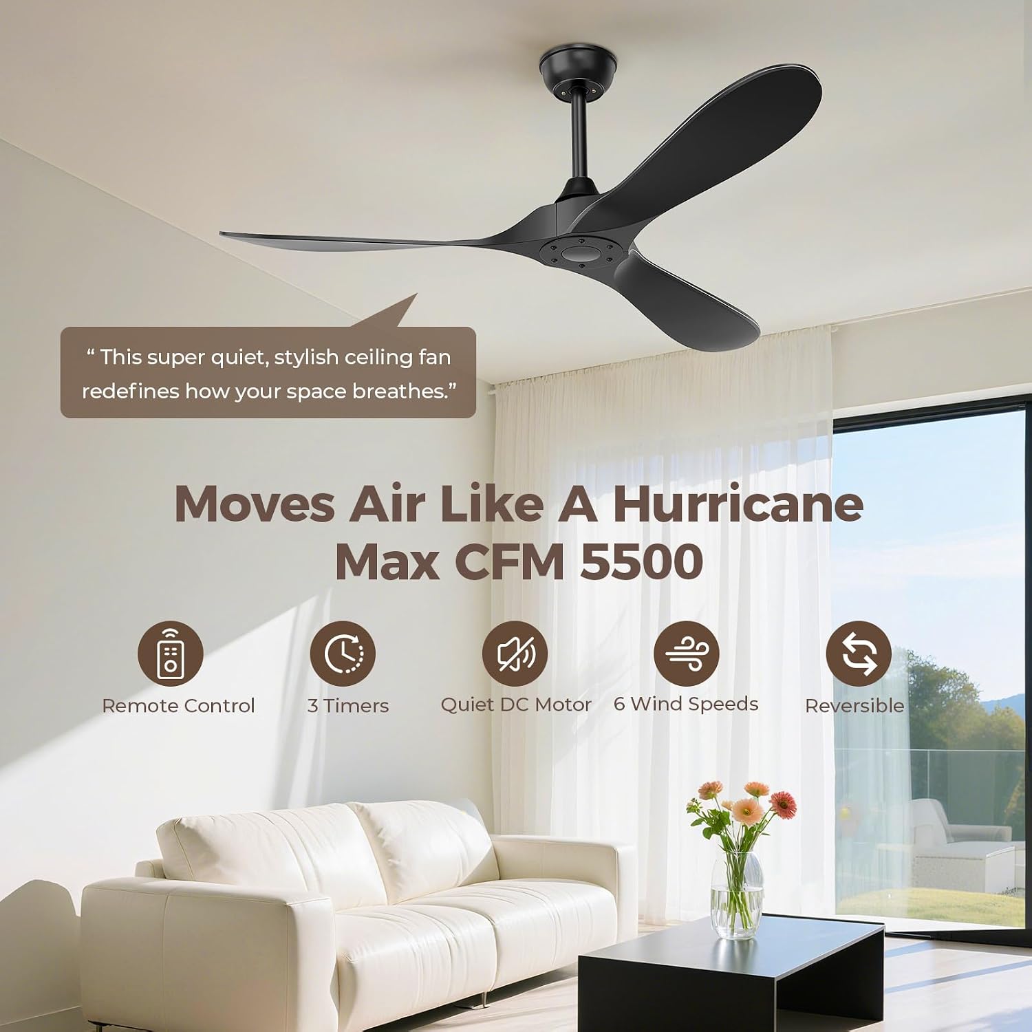 Thumbnail 4 de Obabala Black Outdoor Ceiling Fan, 52-Inch with Remote, 3 Blades, DC Motor