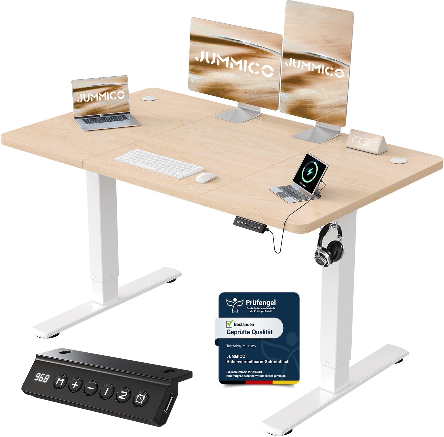 Detalle de JUMMICO elektrisch höhenverstellbarer Schreibtisch mit USB-Ladeanschluss 120 x 60 cm (beige)