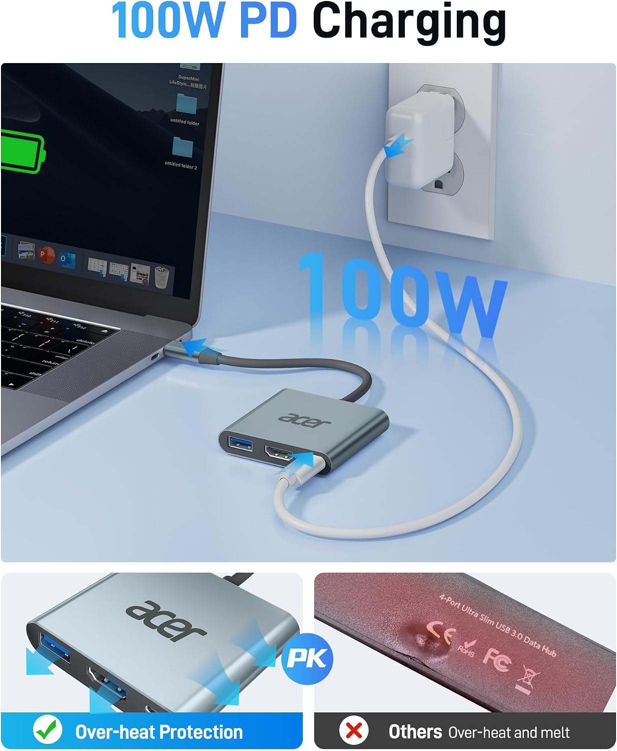 Thumbnail 3 de Acer USB C Hub (3-in-1) – Type-C to HDMI adapter with 4K HDMI, 5Gbps USB 3.0 and up to 100W PD charging (Grey)