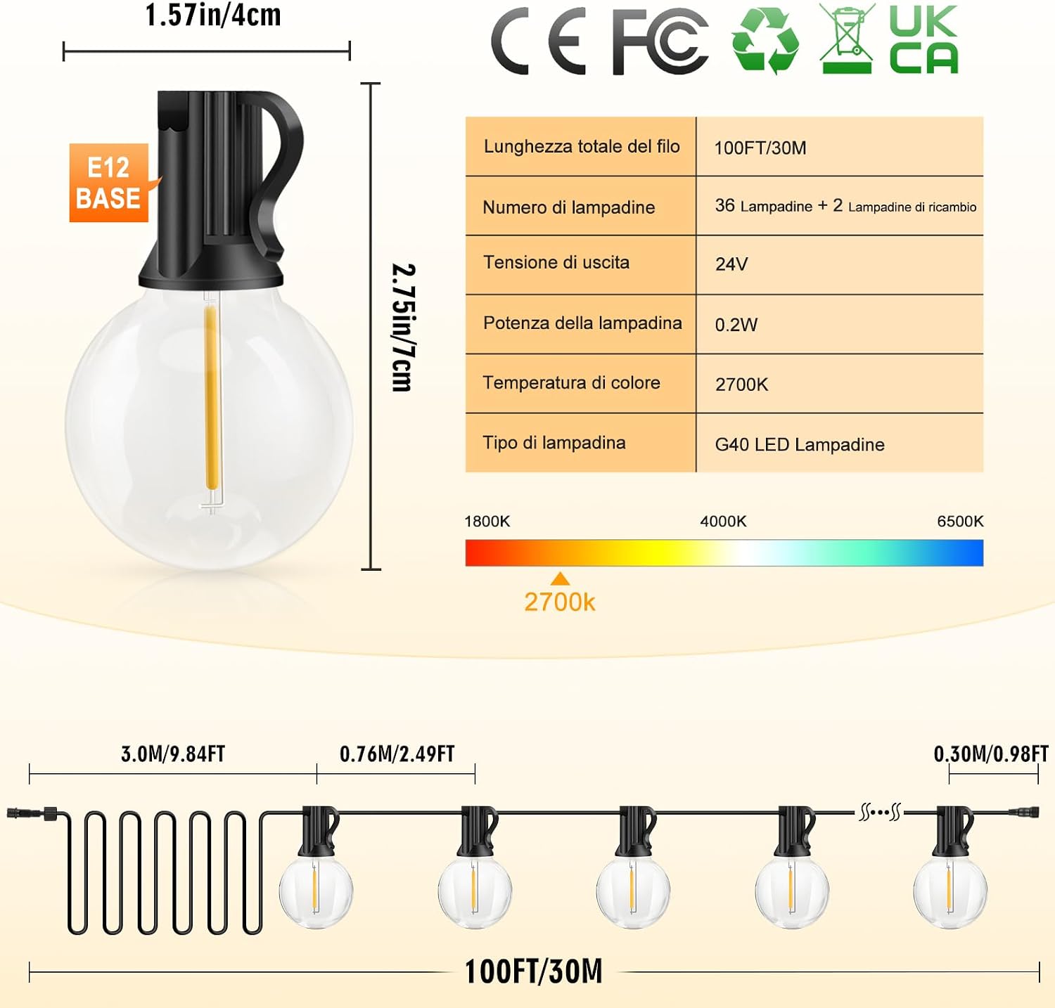 Thumbnail 3 de Catena Luminosa Esterno Luci Giardino - 30M G40 LED 36+2 Lampadine con Telecomando, IP44, Luce Calda per Gazebo, Terrazzo e Balcone