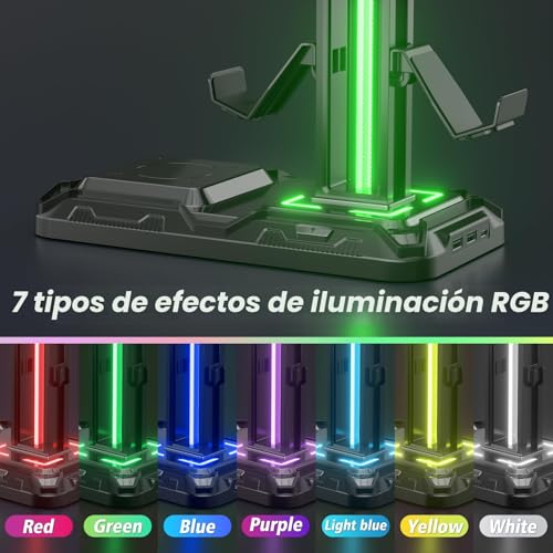 Detalle de KDD LED: Soporte para Auriculares Gaming con Carga Inalámbrica, Mando PS5 y Cascos – 2 USB, USB-C y 9 Modos de Luz