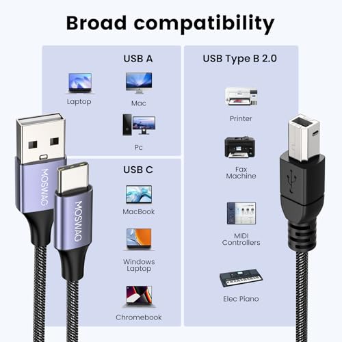 Thumbnail 1 de MOSWAG Câble Imprimante USB-C/USB-A vers USB-B 3M en Nylon – robustesse et connectivité durable