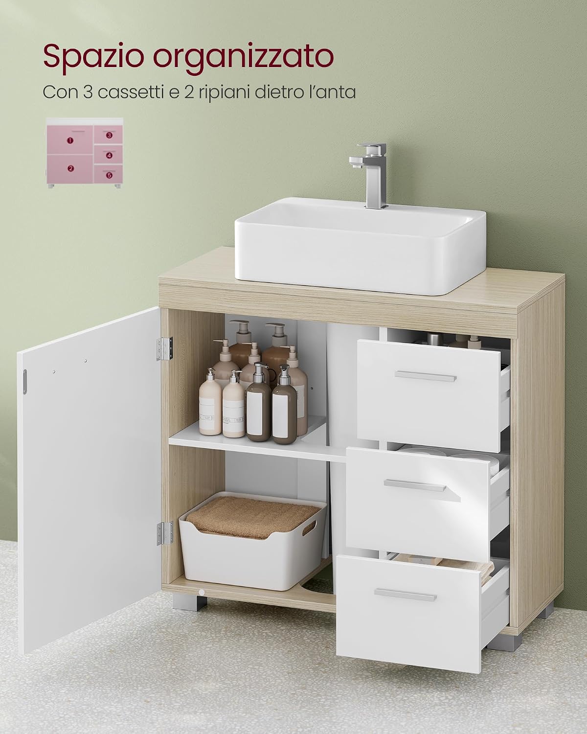 Detalle de VASAGLE Mobile sottolavabo BBK504K01 con 3 cassetti laterali e 2 vani dietro anta (30 x 70 x 64 cm) bianco e beige