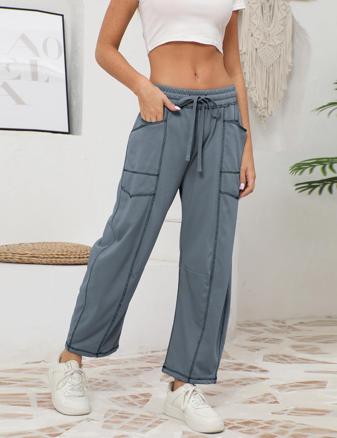 Detalle de Athlisan Women’s Baggy Barrel Pants Wide-Leg Lounge Sweatpants with Pockets