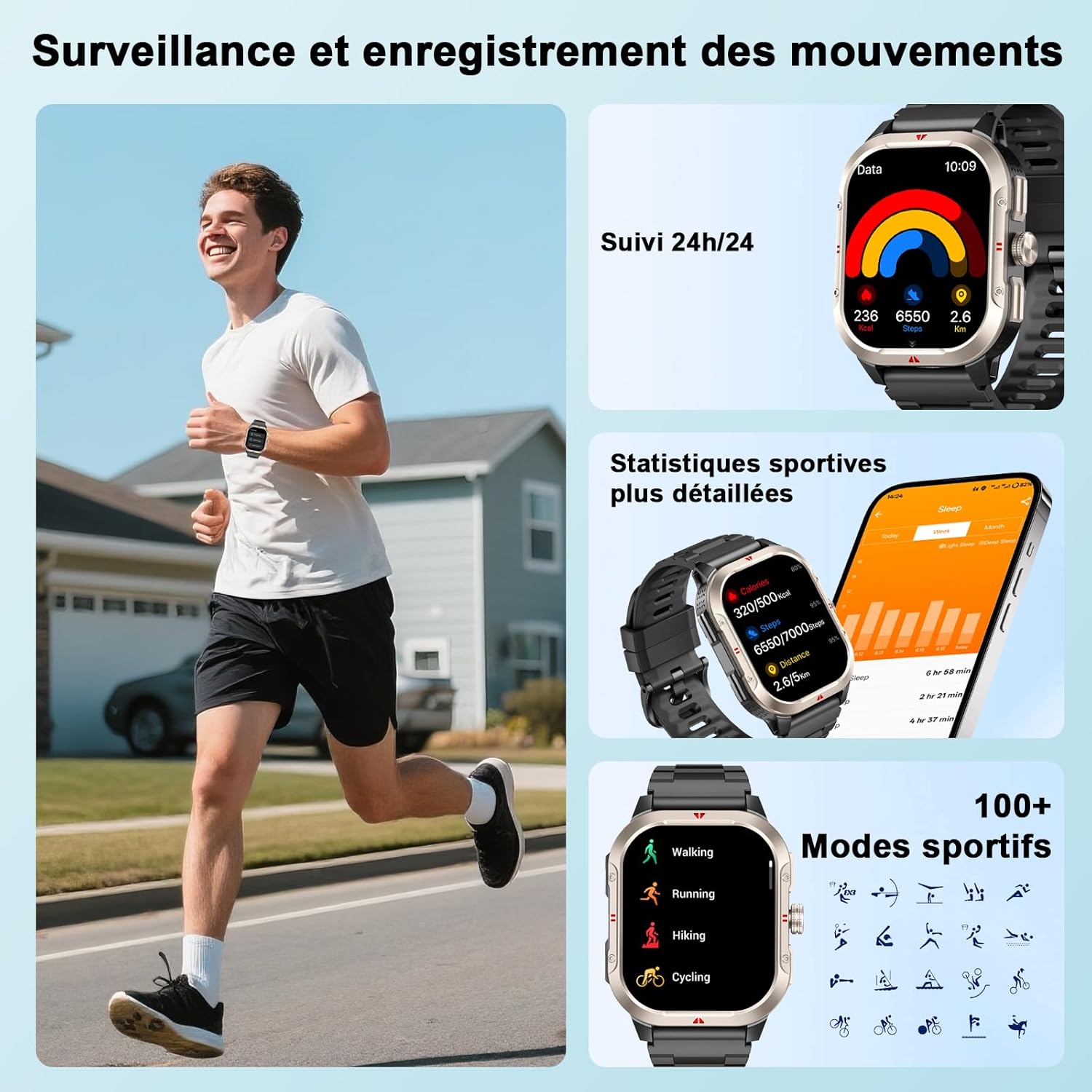Thumbnail 5 de Jugeman montre connectée avec GPS intégré et appels Bluetooth (GPS, podomètre, suivi sommeil/activité) étanche IP68
