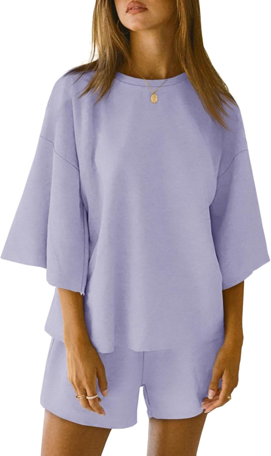 Detalle de Tankaneo Women’s Pajama Sets (3/4 Sleeve Oversized Tops + Elastic Waist Shorts)