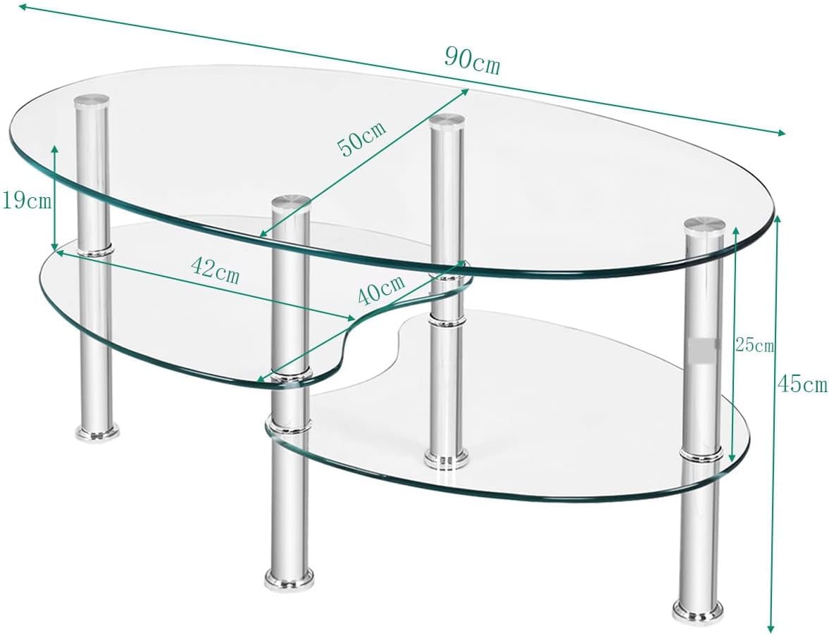 Thumbnail 2 de LIFEZEAL Table Basse Ovale en Verre Trempé – 3 Niveaux, cadre métal robuste, 90 × 50 × 45 cm
