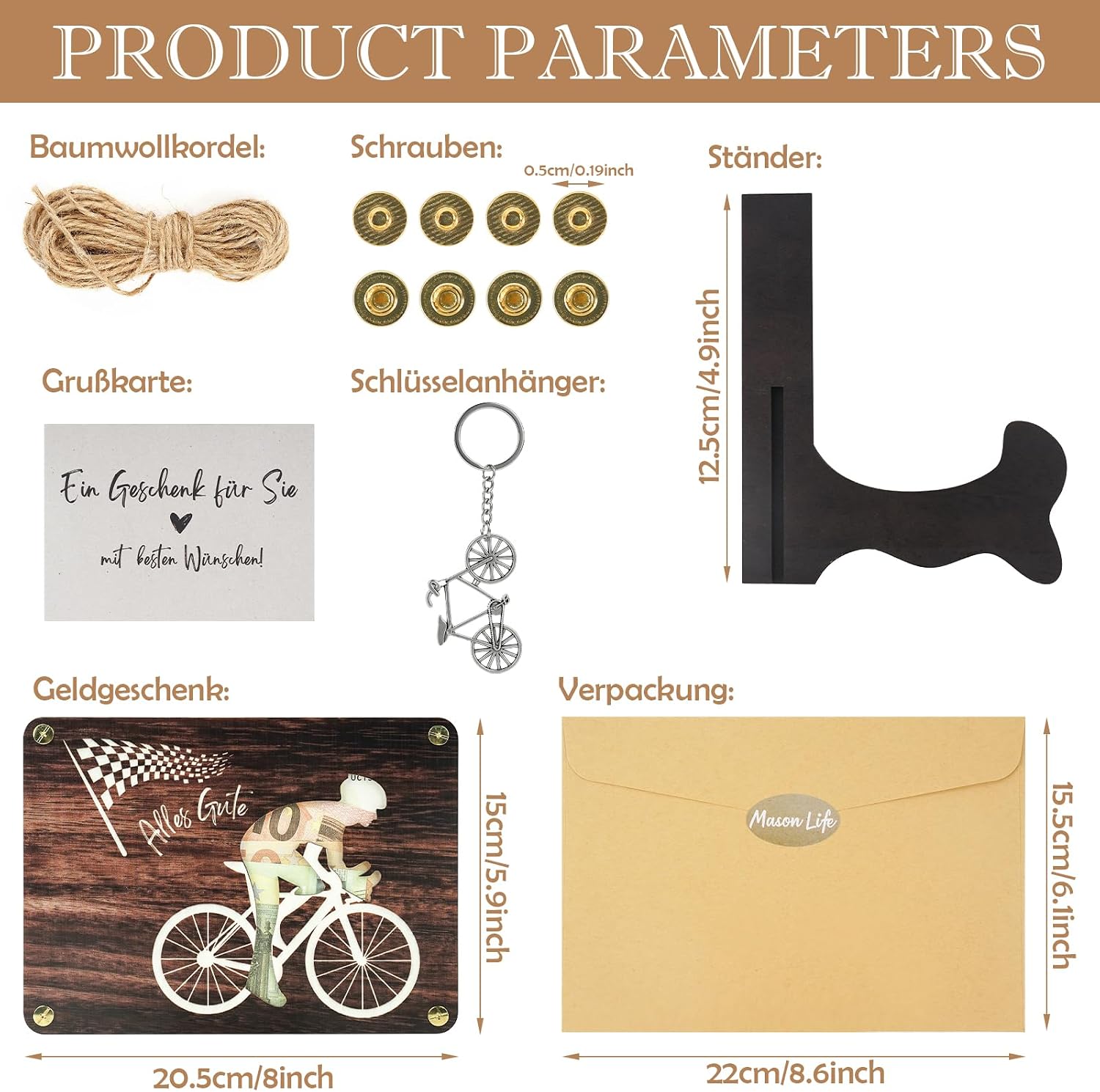 Thumbnail 1 de Mason Life Geldgeschenk Fahrrad Holz – individuelles Geldgeschenk-Set mit Ständer, Schlüsselanhänger und personalisiertem Schild