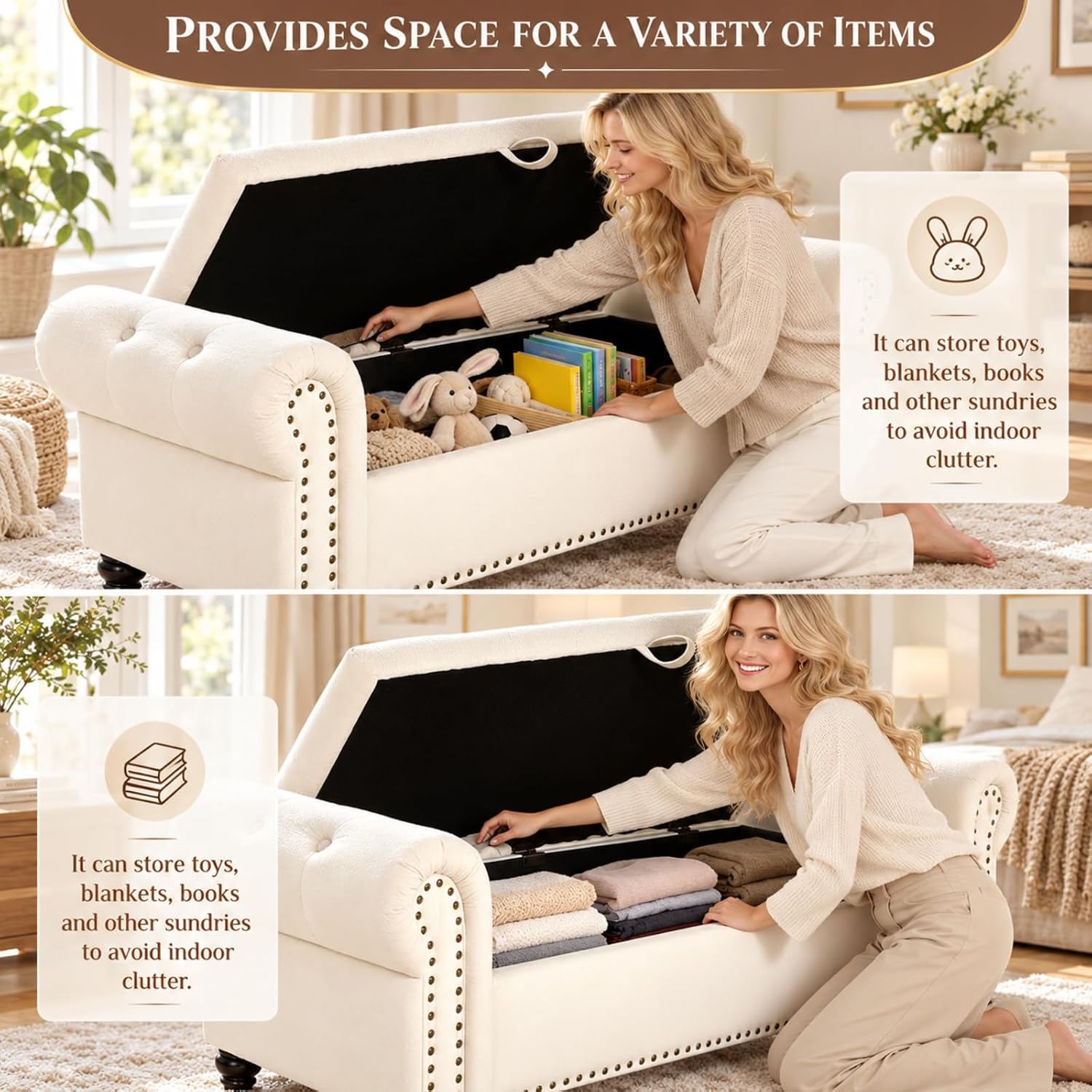 Detalle de Clevich CWD0043 opbergbank 133 cm, beige fluweel, tot 168 kg