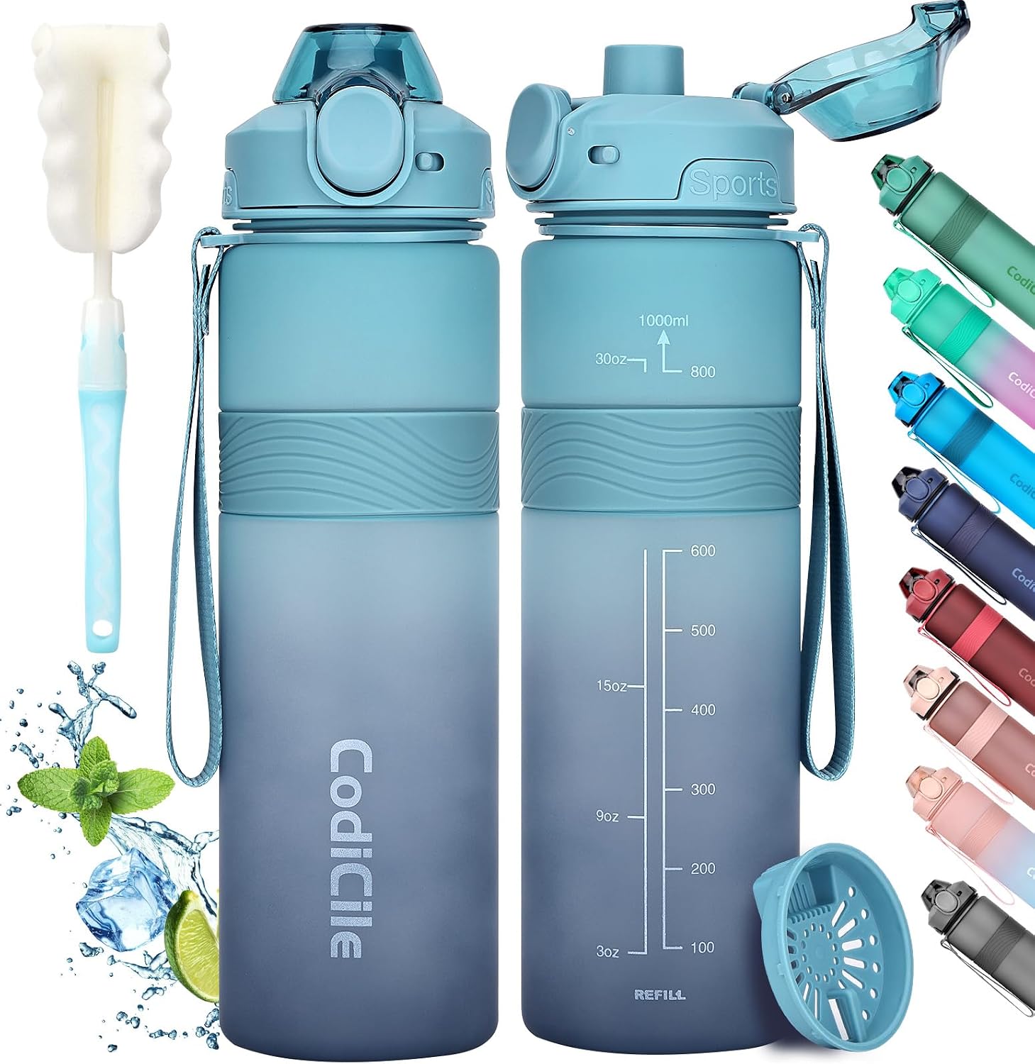 Detalle de CodiCile Water Bottle 1L – BPA Free, Leak-Proof, Light Dark Blue