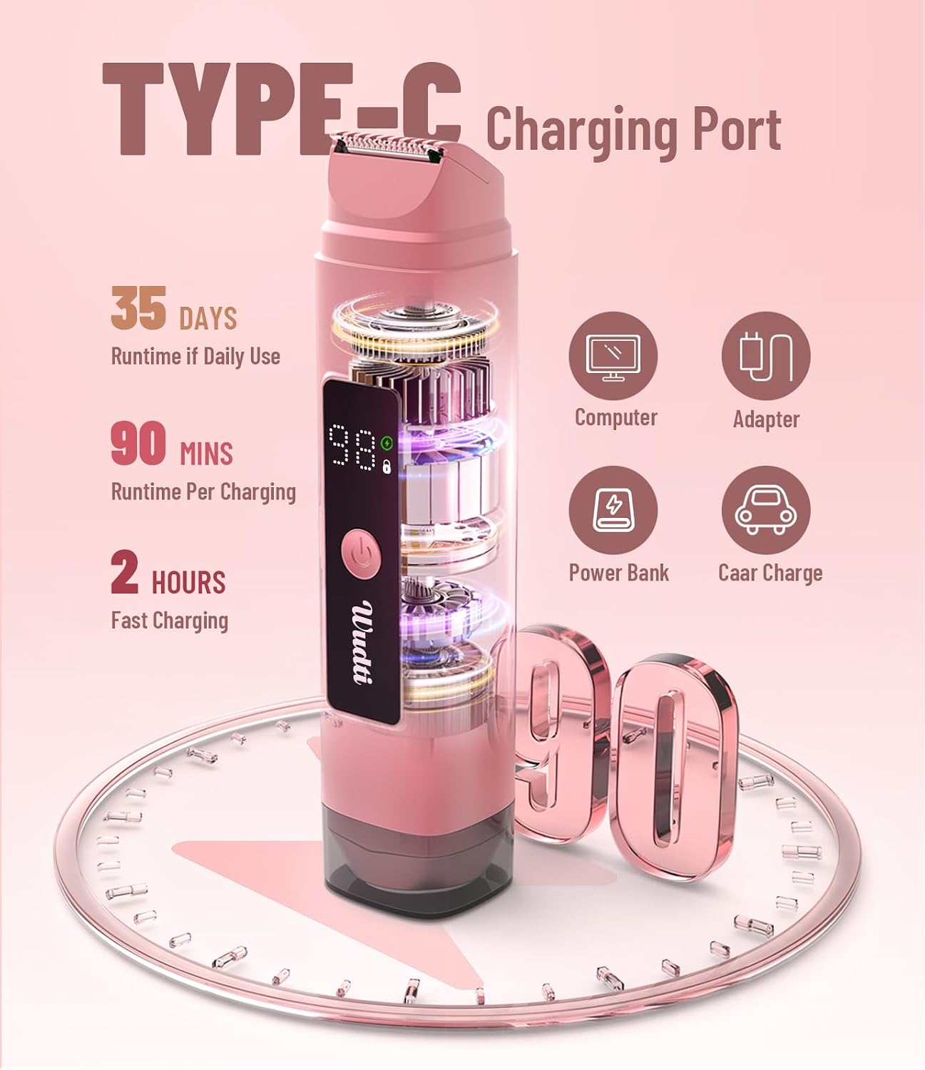 Thumbnail 2 de Dual Head Electric Bikini Trimmer for Women – IPX7 Waterproof with LED Display (Rococo Pink)