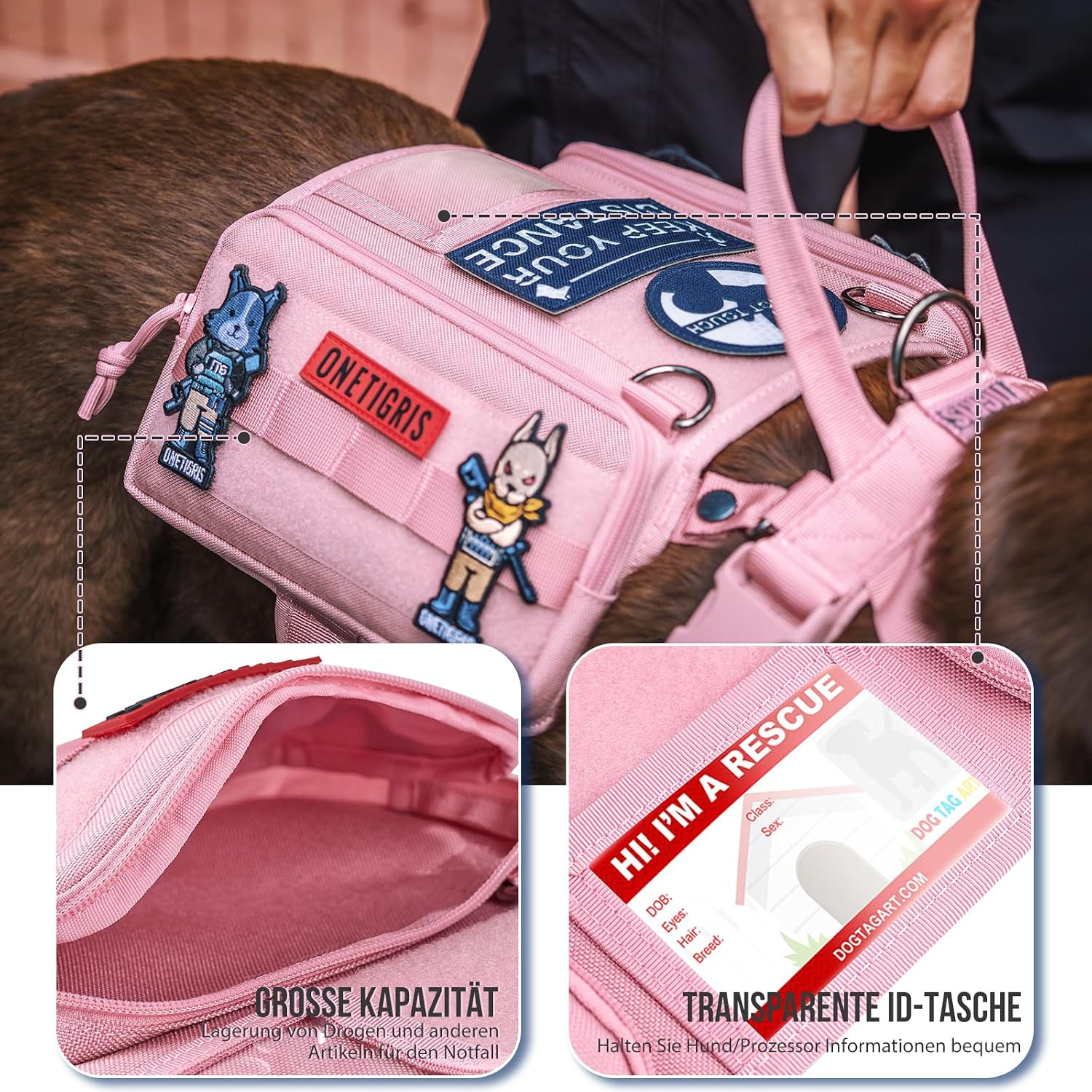 Detalle de OneTigris Harnais Guardian pour chien M - rose, 3 anneaux en D inoxydable, poche MOLLE et grande capacité