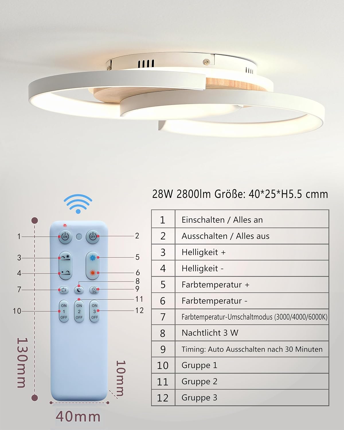 Thumbnail 6 de LED Deckenlampe Holz „S“ 2-Ringe, dimmbar (28 W, 2800 lm, 3000–6000 K) mit Fernbedienung