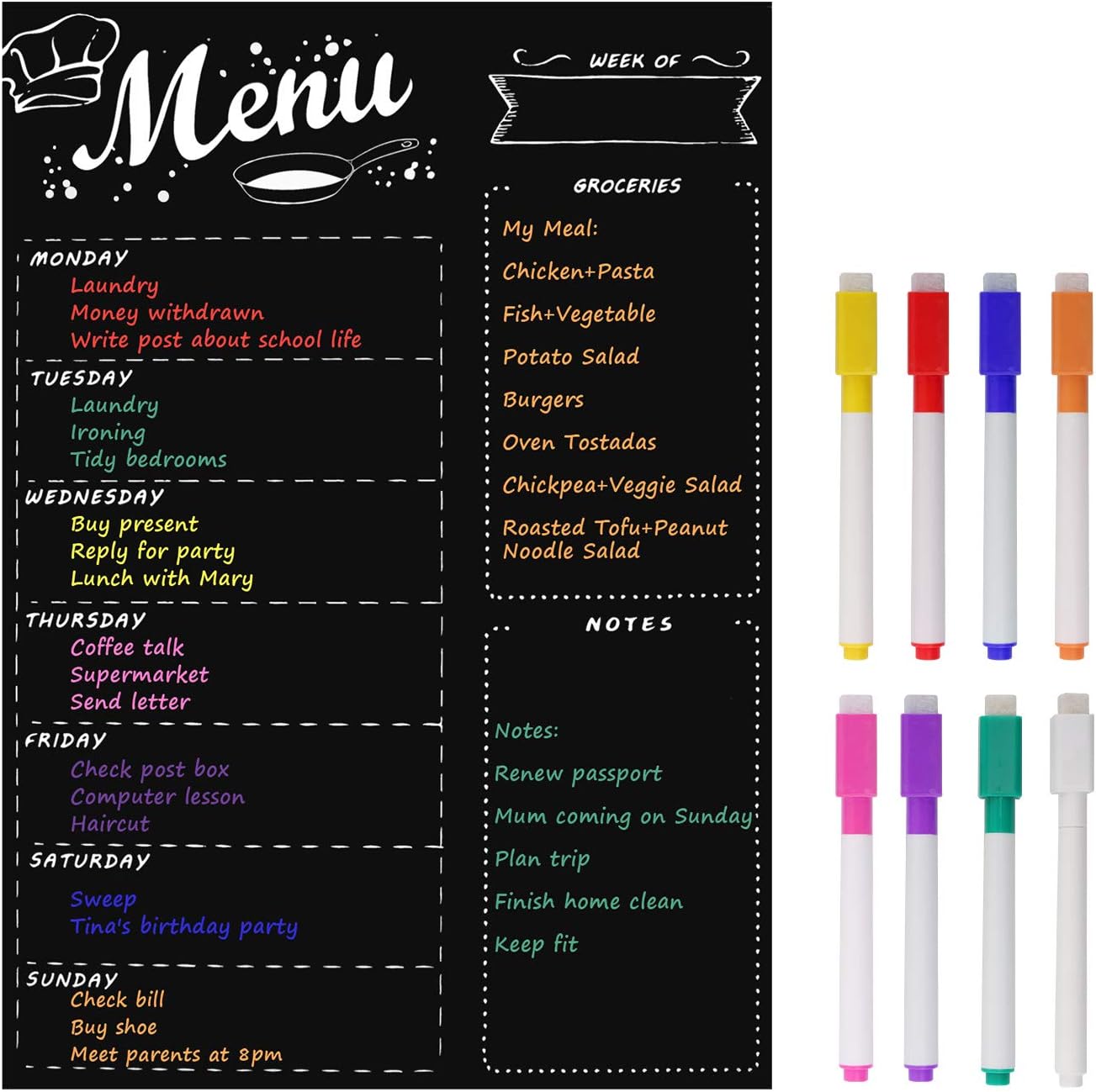 Detalle de MoKo P6492 Magnetic Weekly Meal Planner, 16 × 12 in, Black, 8 Markers