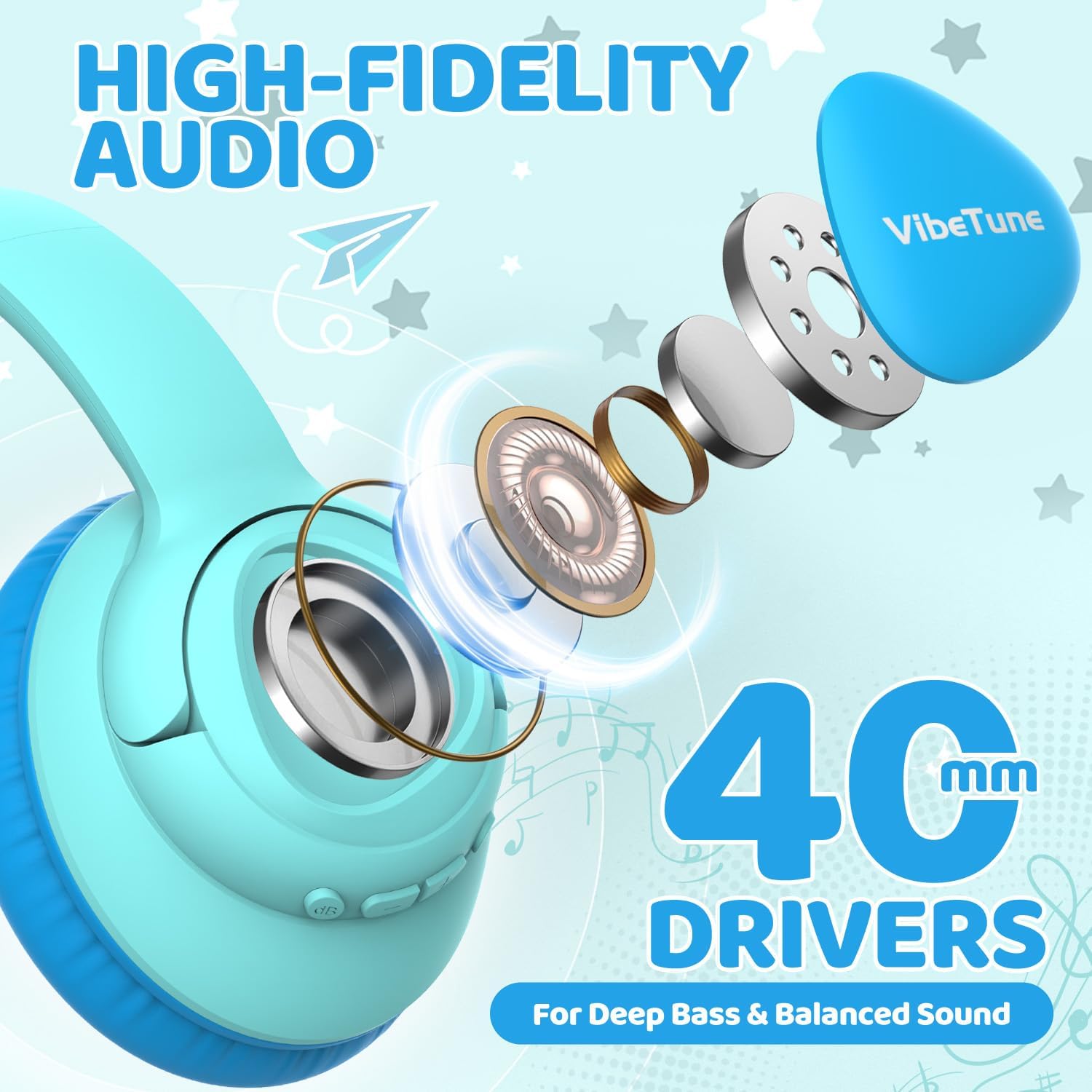 Detalle de VibeTune Kids Bluetooth Headphones, 60H Playtime, Volume Limited 85/94dB, Bluetooth 5.4, Type-C Fast Charging, Foldable Wireless Headphones for Kids, Toddler Headsets with HD Mic (Blue Macaron)
VibeTune Kids Bluetooth Headphones, 60H Playtim…