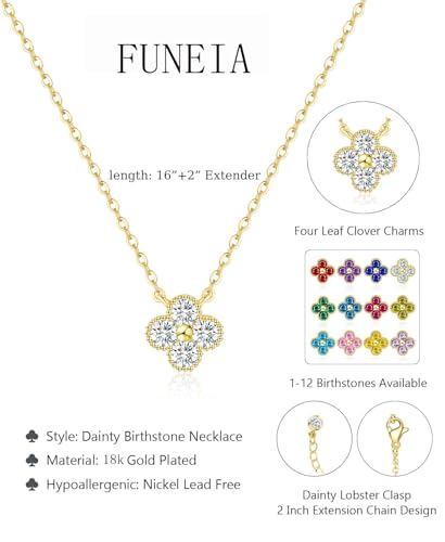 Detalle de FUNEIA Collier trefle à 4 feuilles en plaqué or 18k avec zircone cubique – longueur ajustable