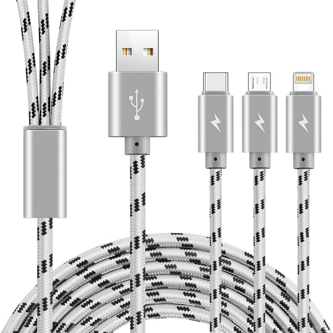 Detalle de ASICEN 3-in-1 3M Nylon Braided Multi Charger Cable (Lightning/USB‑C/Micro USB) – 3A