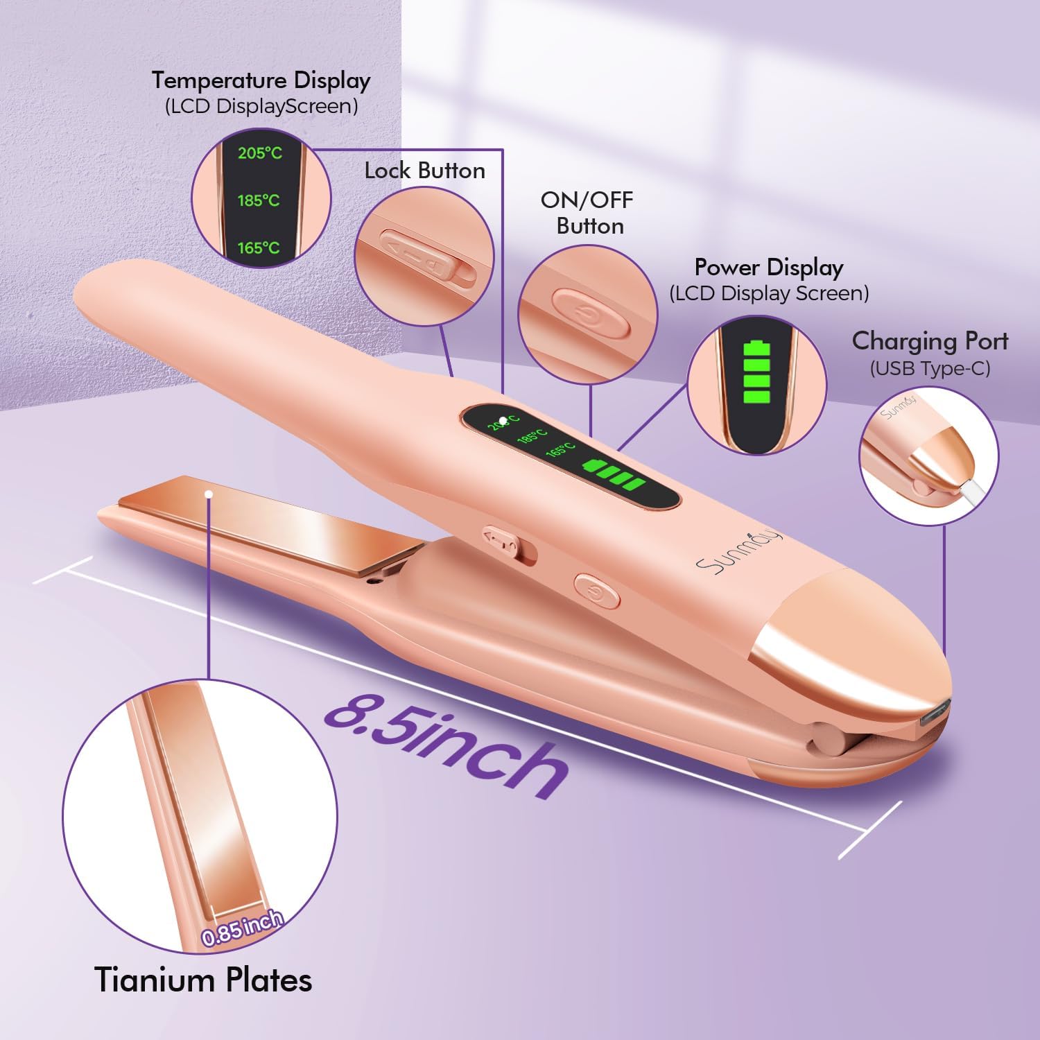 Detalle de SUNMAY Cordless Hair Straightener (Titanium Portable Flat Iron) with USB-C Fast Charge, Dual Voltage, Travel Case