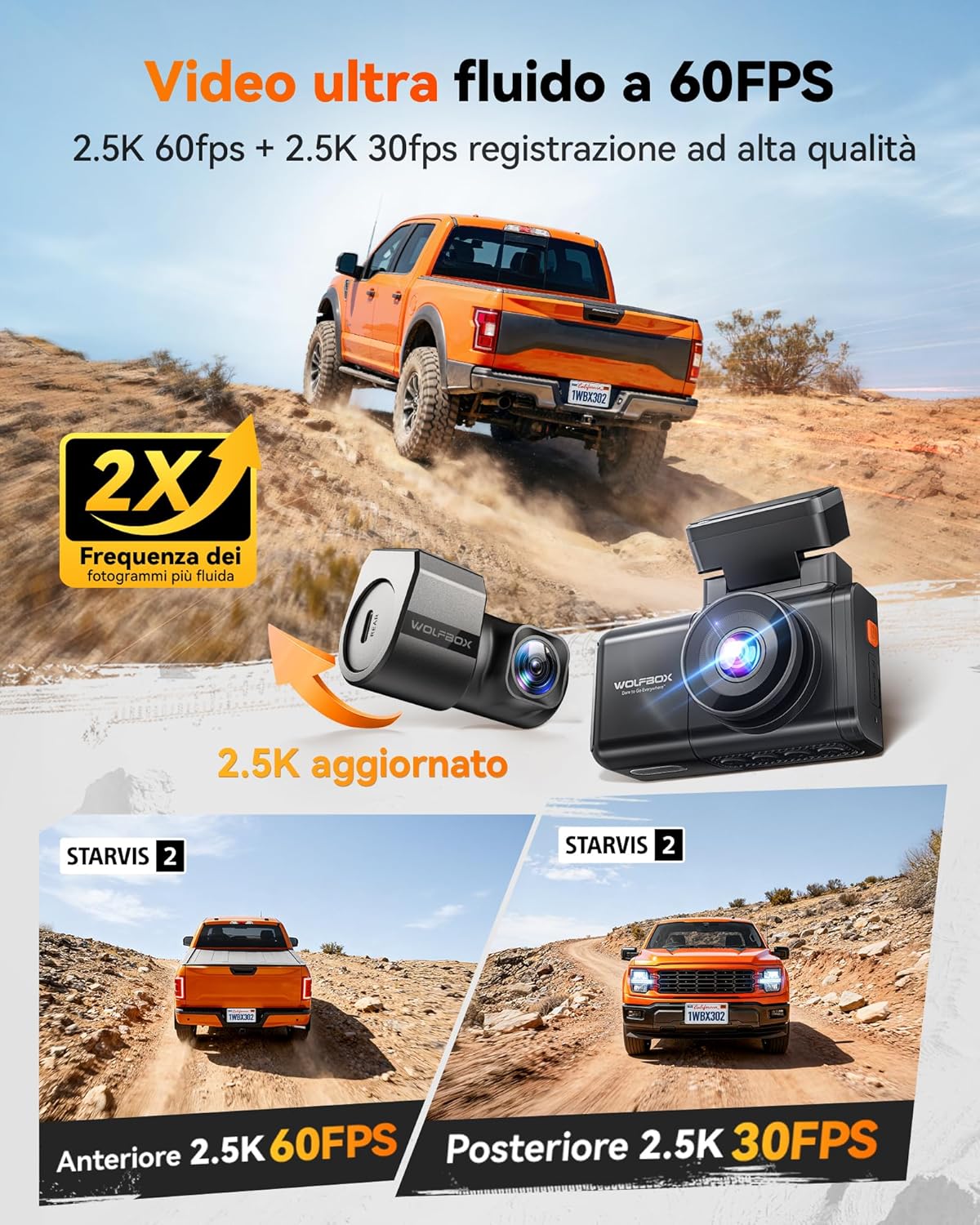 Thumbnail 1 de WOLFBOX X3 PRO Dashcam auto duale anteriore e posteriore con STARVIS 2 IMX675, 2,5K 60 FPS e ADAS