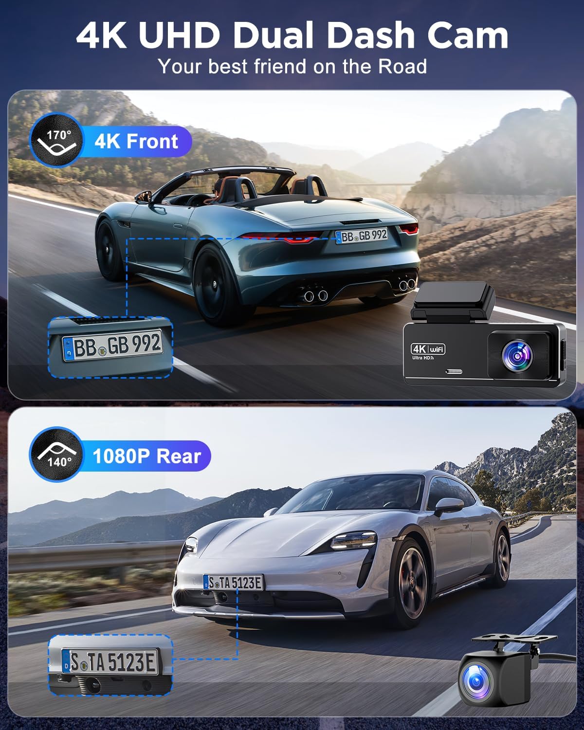 Detalle de PENEMAY Dash Cam Front and Rear 4K+1080P with Free 64GB Card — 2.99” IPS, Wi‑Fi, 24H Parking, G‑Sensor