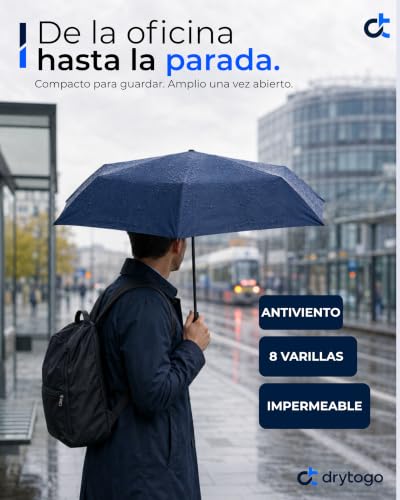 Detalle de Paraguas antiviento Drytogo plegable (Ø95/Ø100/Ø105 cm): 8 varillas reforzadas, automático y compacto