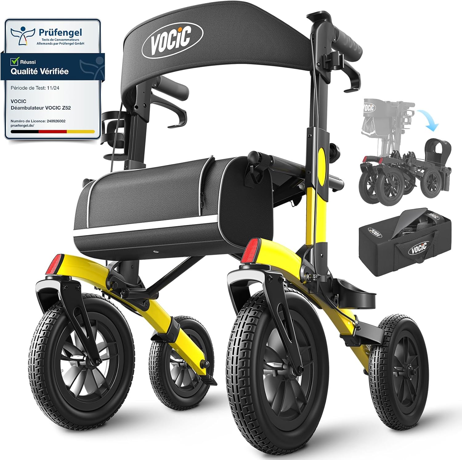 VOCIC Déambulateur 4 roues pliable léger avec siège et panier – aluminium ajustable, jaune
