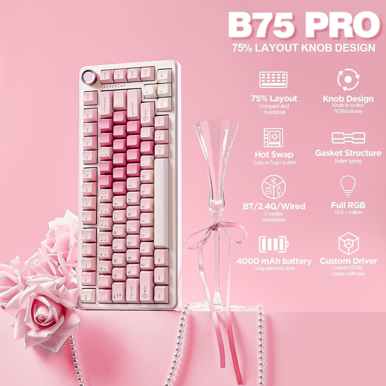 Thumbnail 1 de YUNZII B75 PRO kabellose mechanische Tastatur (75%, Hot Swap, BT/2.4G/Type-C) mit Drehknopf