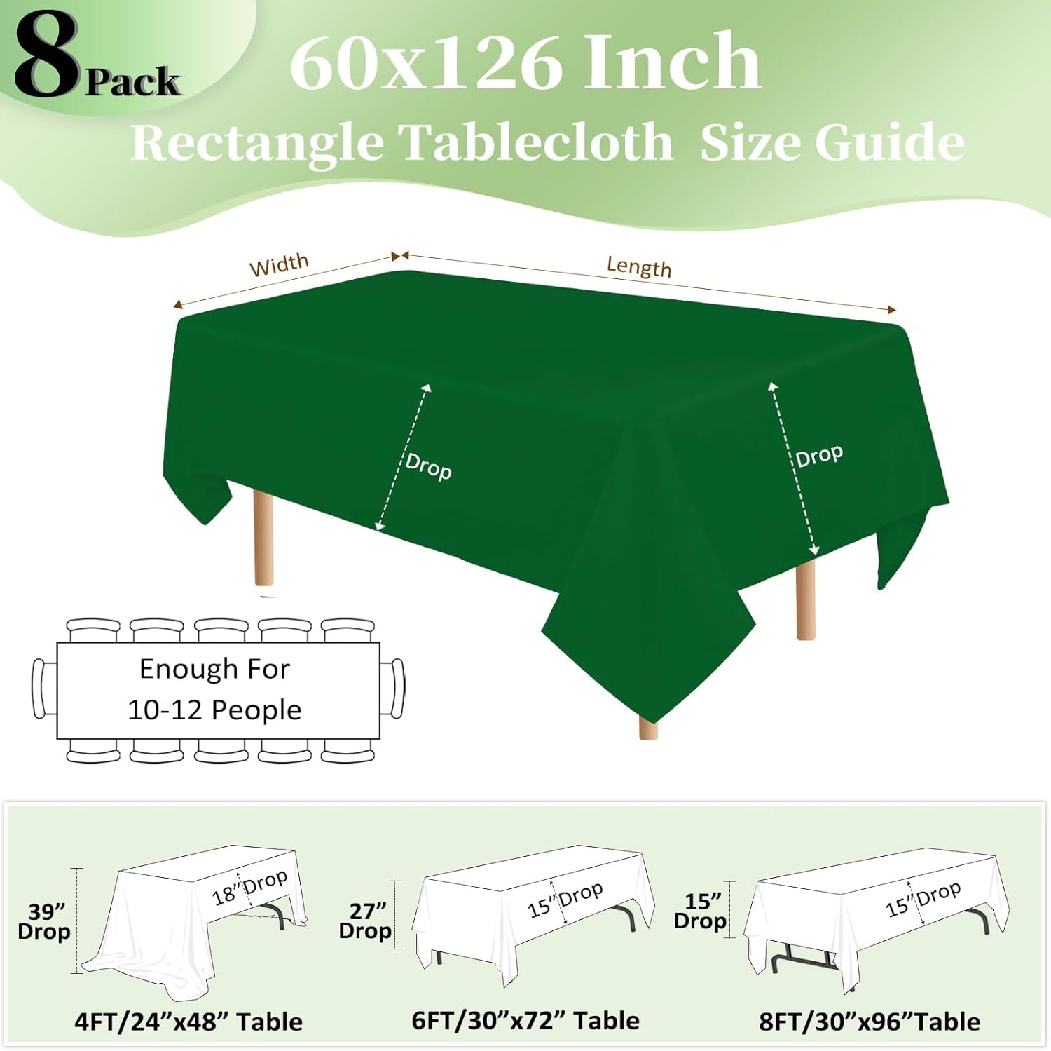 Thumbnail 1 de pepmily 8-Pack Green Rectangular Tablecloth (60x126 Inch) for 8-Foot Tables