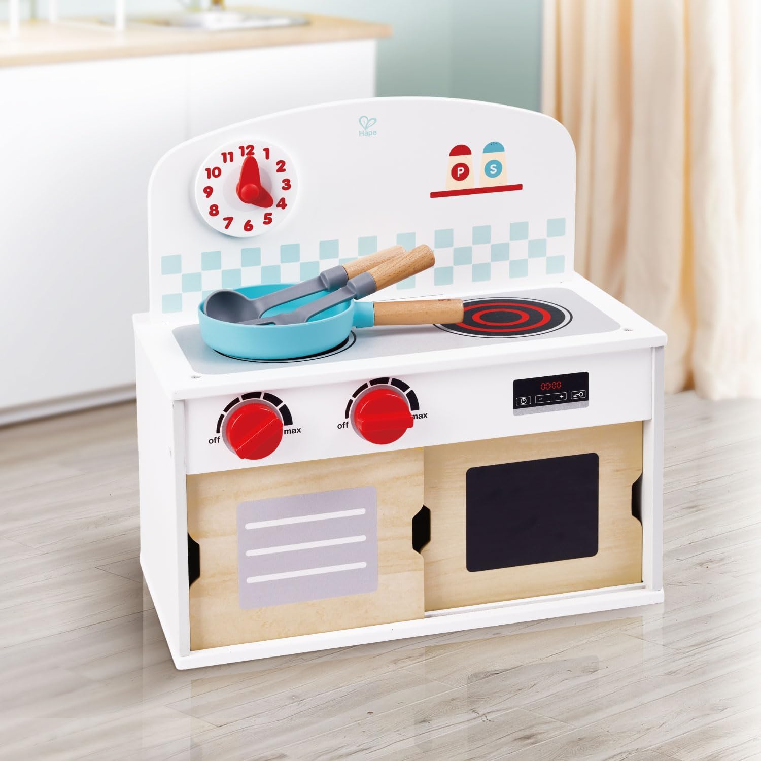 Detalle de Hape E7370 コンパクトおままごとキッチン 木製・つまみ音と可動式時計付き
