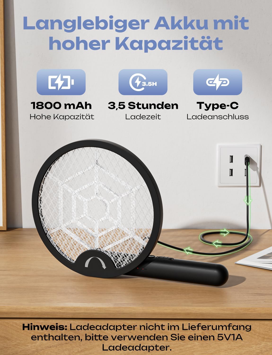 Detalle de YISSVIC Elektrische Fliegenklatsche Extra Stark 4000V – 2 in 1, USB-C, klappbar, 1800mAh